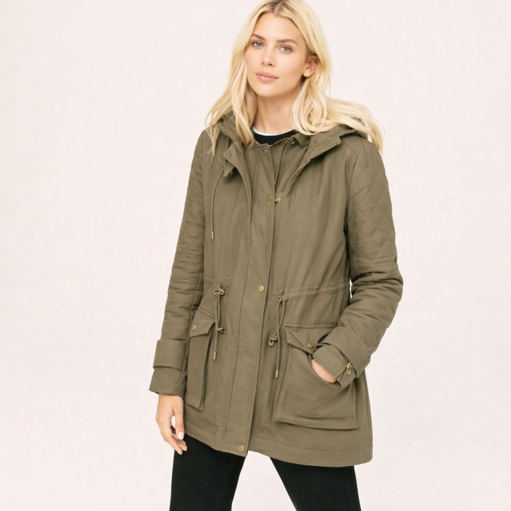 Lou & Grey Olive Green Quilted Hooded Parka Jacket Sherpa‎ Lined Size Medium